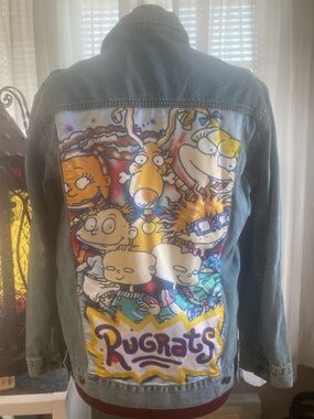 Nickelodeon Rugrats Denim Jean Jacket with Colorful Cartoon Back Panel Vintage